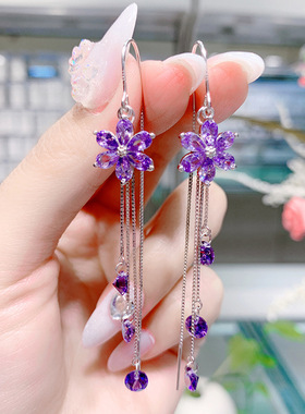 紫色水晶花朵流苏耳环2021新款纯银防丢耳线抖音同款超仙气质耳坠