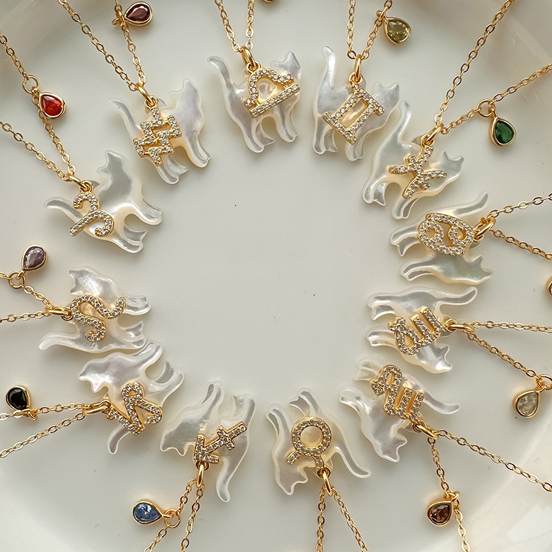 十二星座纯银925项链甜美可爱风星辰石锁骨链ins风白贝母猫咪吊坠