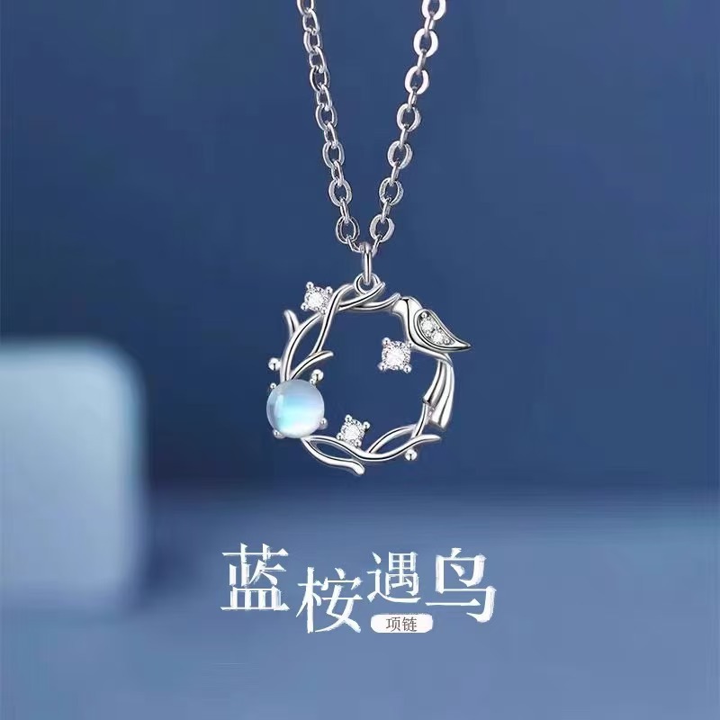 925纯银项链女蓝桉与鸟饰