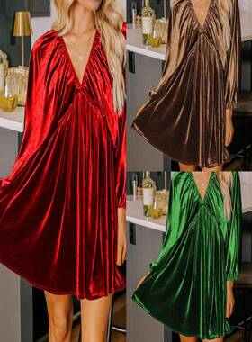 Women's Velvet Dress with Pockets - V Neck Puff Sve Dress