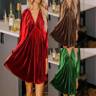 Women's Velvet Dress with Pockets - V Neck Puff Sve Dress