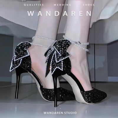 Silver High Heels Women's Crystal Shoes Bow Stiletto Heels