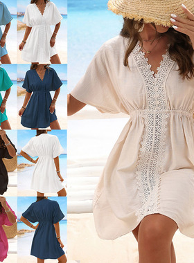 Deep Blue V-Neck Dress  French Vintage Style  Summer Beach