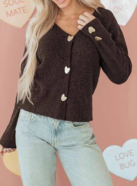 Women's Heart Metal Button V Neck Cardigan Sweater -