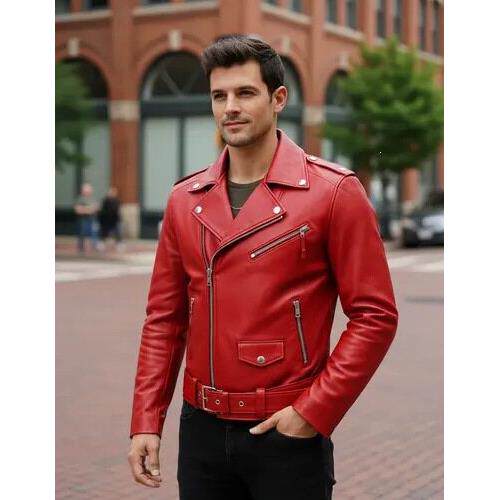 W 15655 Men Biker Leather Jacket Rock摇滚皮夹克