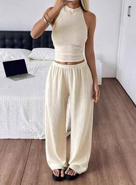 Two-piece Set Women's Basic Solid Crop Top & Wide Leg Pants,