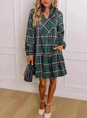 Women's Plaid Mini Dress with Pockets Elegant Long Sve