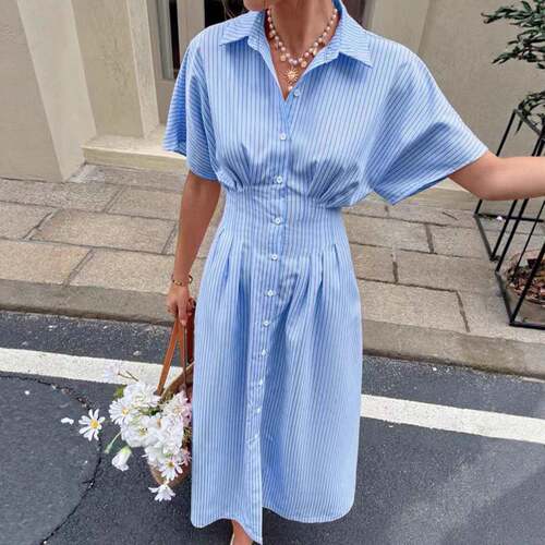 Blue Striped Shirt Dress Women Collared Button Front Short