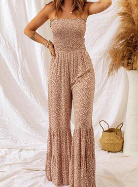 Women’s Boho Thin Straps Smocked Bodice Wide Leg Shirred