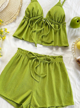 Set Women's Solid Crop Fitted Tank Top & Shorts Set Casual