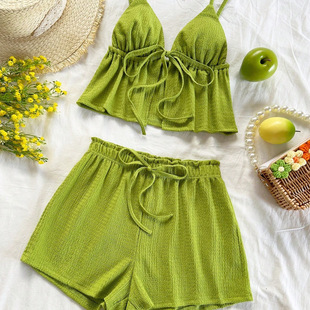 Set Women's Solid Crop Fitted Tank Top & Shorts Set Casual