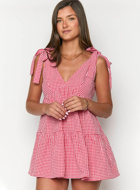 Plaid Deep V Neck Sleeveless Tie Mini Dress Women Sexy