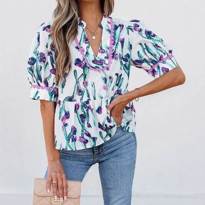 Women's Floral Print Puff Sves Peplum Shirt Top Scallop Trim
