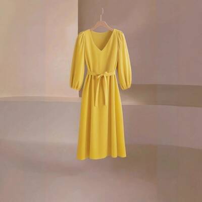 Elegant V Neck Long Sve Dress, Slimming Mid-Length Commuter