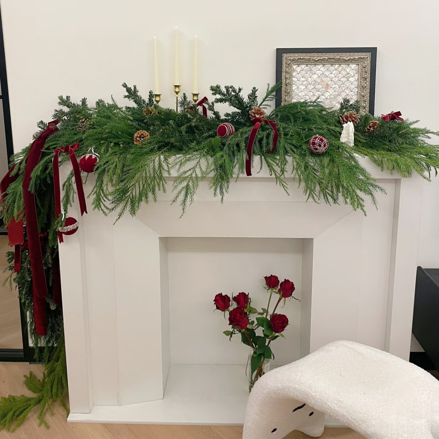 圣诞节氛围仿真松针藤条门框橱窗壁炉装饰餐厅烛台布置蝴蝶结挂件