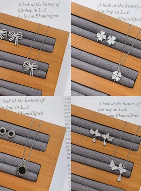 简悦银饰通体S925纯银微镶蝴蝶结四叶草时尚锁骨项链耳钉套装