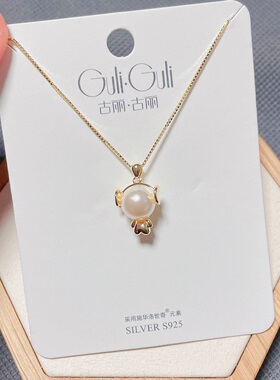 古丽古丽银饰通体S925纯银珍珠戴耳机的小人时尚锁骨项链女百搭潮