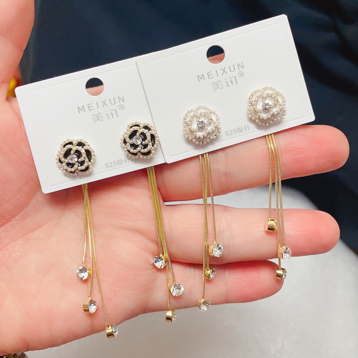 美讯耳饰新款珍珠山茶花两戴款流苏时尚耳环女银针百搭气质潮