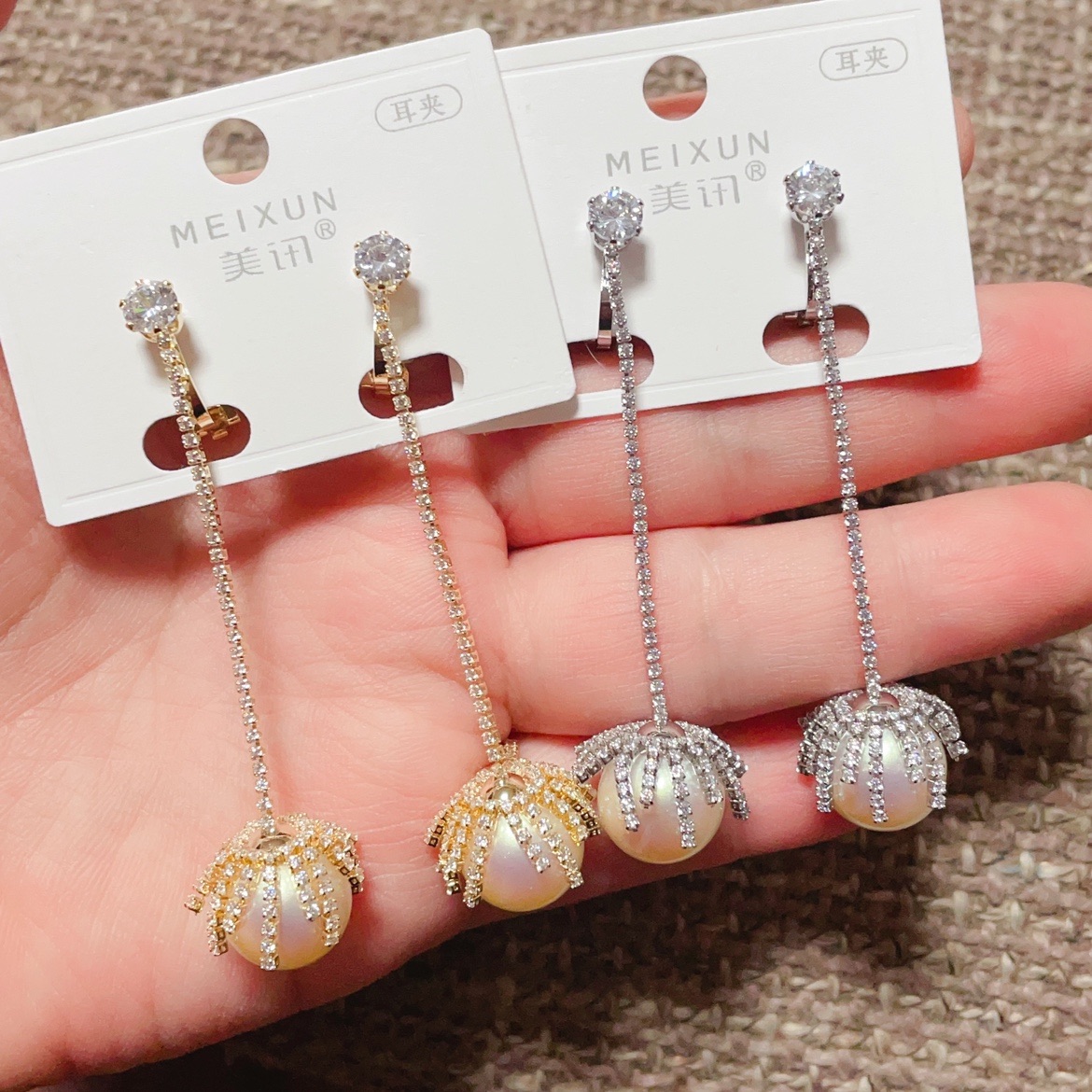 美讯耳饰新款微镶珍珠流苏时尚耳夹无耳洞女百搭气质优雅个性