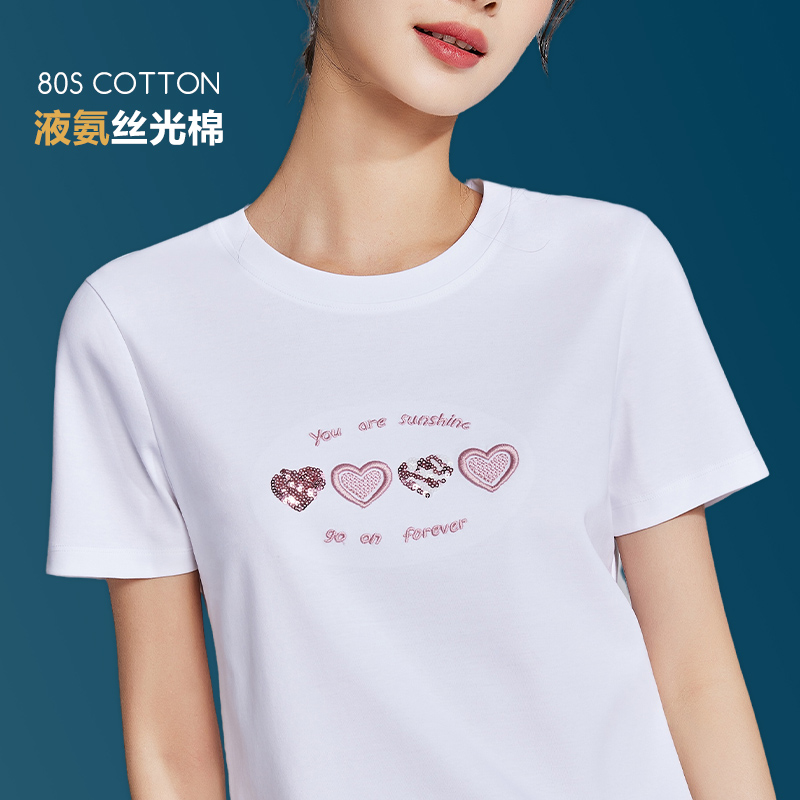 液氨丝光棉刺绣圆领短袖T恤女夏