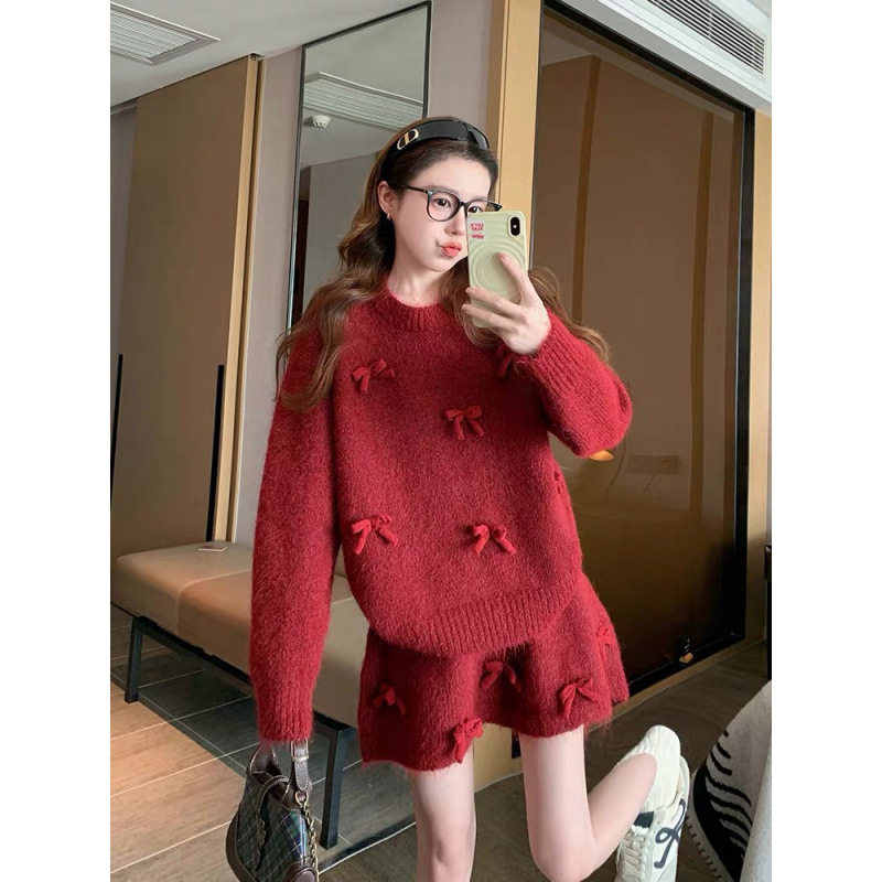 韩系一整套深冬穿搭毛衣套装女2025新款重工蝴蝶结针织短裙两件套