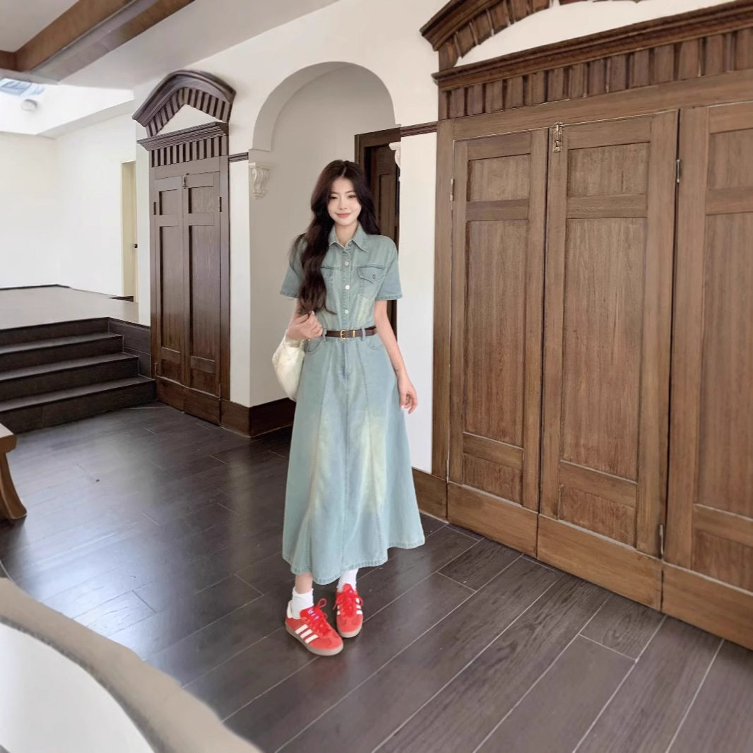 大码女装怀旧牛仔短袖连衣裙2025夏季胖mm遮肚子收腰显瘦时尚裙子