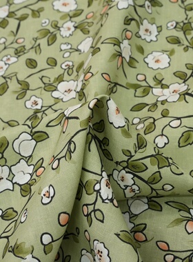 205g/m进口法国麻印花纯亚麻布料17支140cm宽春日青枝夏季服装布