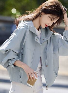 通勤百搭短款连帽外套女2025年新款春秋款小个子宽松休闲夹克上衣