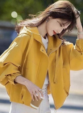 2025年春秋新款宽松休闲外套简约韩版女款小个子连帽百搭短款外套