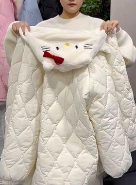2023冬季新款菱形格棉可拆卸连帽凯蒂猫派克服女棉服加厚保暖棉袄