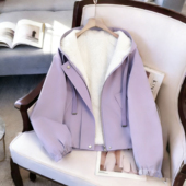 紫色加绒加厚冲锋衣外套小个子2025秋冬新款 宽松休闲棉衣上衣短款