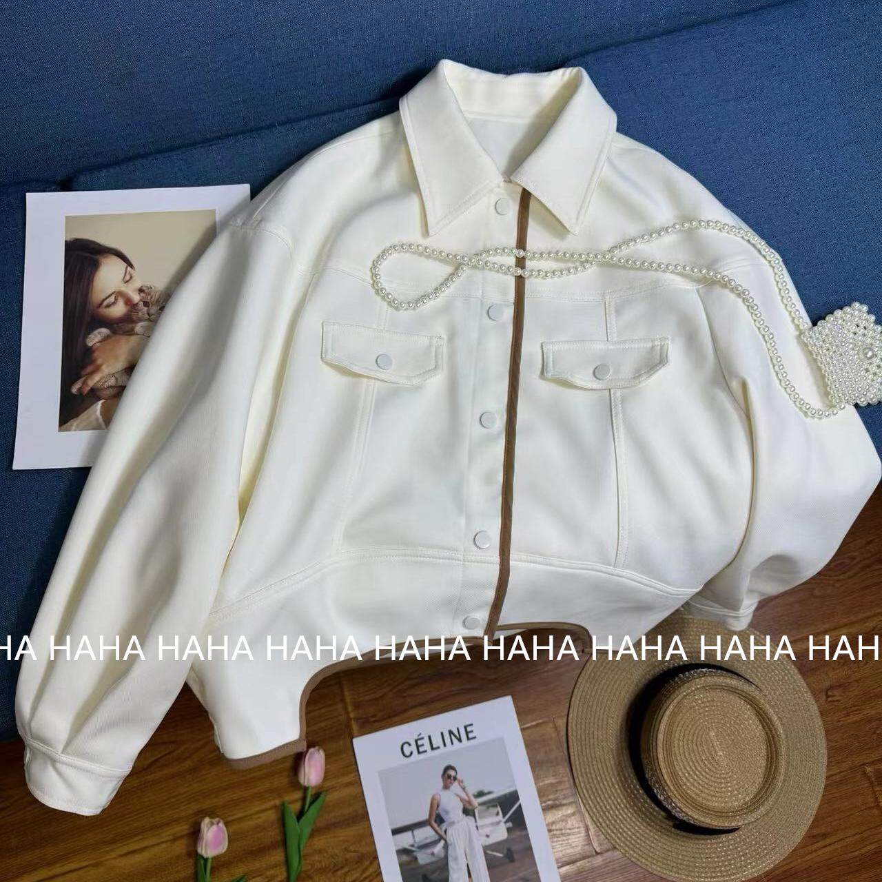 HAHA法式复古设计感翻领外套女装春秋新款米白色宽松气质休闲上衣