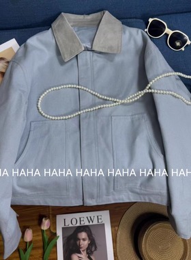 HAHA贝尼斯岛屿 蓝色拼接撞色翻领大口袋休闲短款工装外套宽松