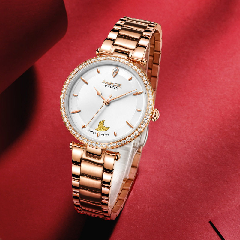 品牌米格美人鱼小金表女表简约气质镶钻小表盘女士手表瑞士石英表