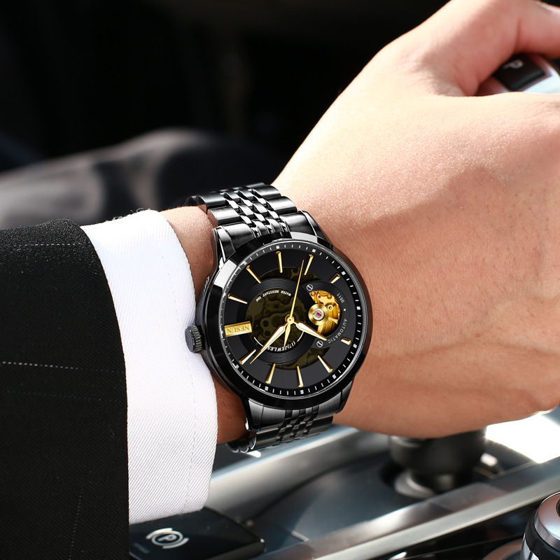 男表机械表尼尚钢带镂空运动男士