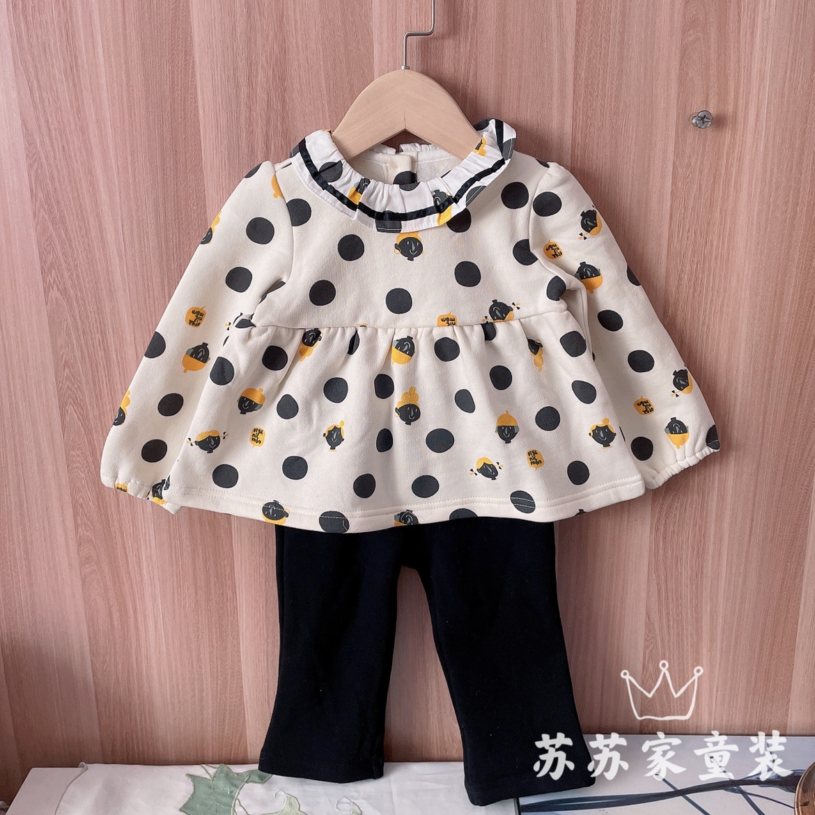 韩国童装女童冬季新款可爱翻领加绒上衣厚裤子两件套宝宝保暖套装