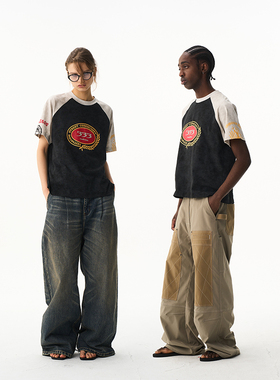 EXITMODE26SS蜡印拼接撞色插肩男女同款印花T恤