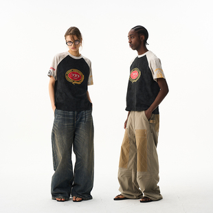 EXITMODE26SS蜡印拼接撞色插肩男女同款 印花T恤