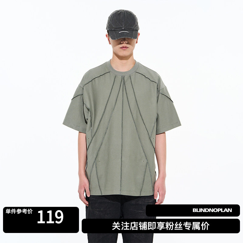 BLINDNOPLAN 反面毛圈刺绣logo分割短袖T恤宽松纯色上衣