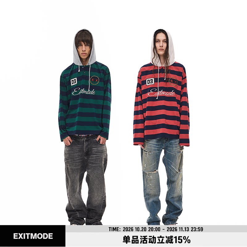 EXITMODE 26FW复古条纹抽绳宽松休闲刺绣连帽新款长袖T恤男女上衣