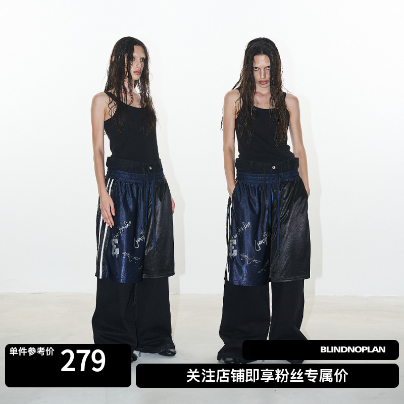 涂鸦运动拼接牛仔假两件长裤