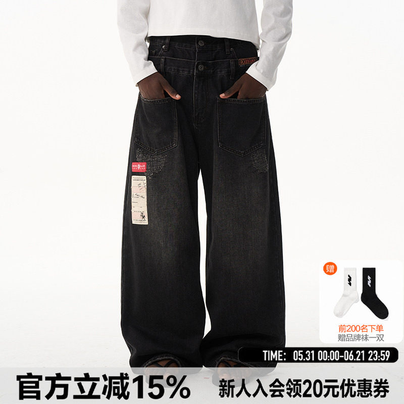 EXITMODE 26SS美式复古水洗双腰黑贴标牛仔裤宽松直筒长裤男女款