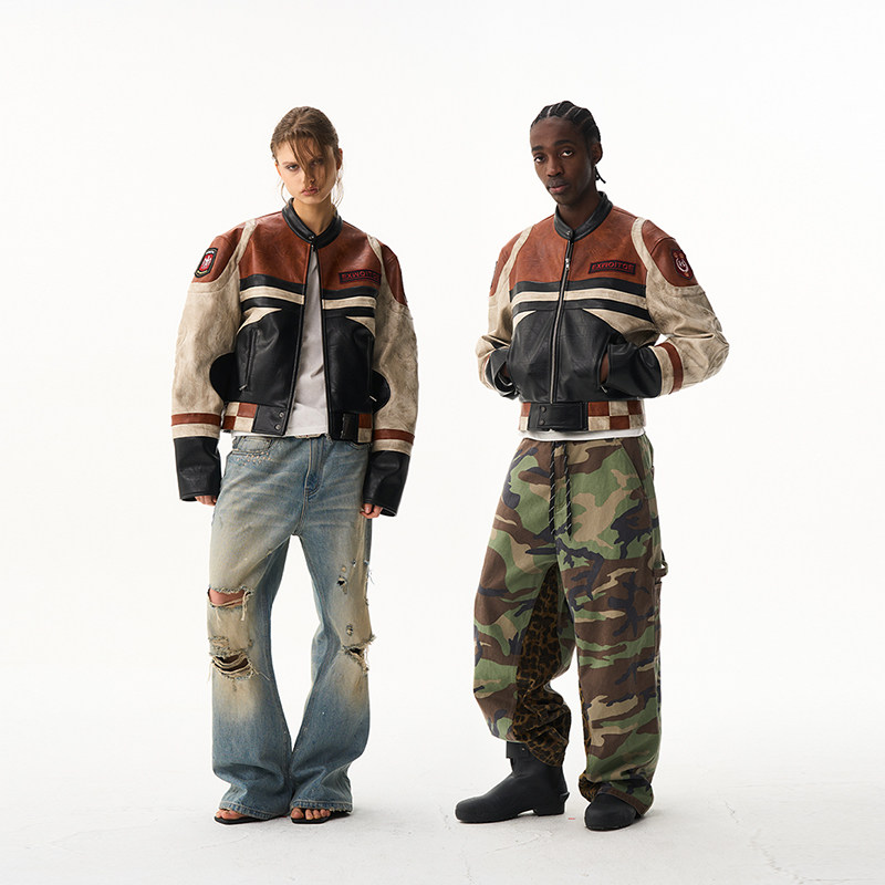 EXITMODE26SS复古拼接撞色做旧擦脏皮衣男女同款机车夹克外套