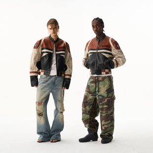 EXITMOD26SSE复古拼接撞色做旧擦脏皮衣男女同款机车夹克外套