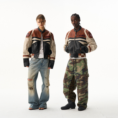 EXITMODE26SS复古拼接撞色做旧擦脏皮衣男女同款机车夹克外套