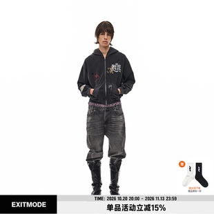 EXITMODE 26FW复古水洗做旧破洞趣味刺绣新款连帽卫衣男女同款
