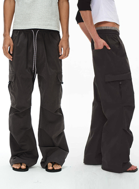 EXITMODE 26SS格纹双腰头捏褶多口袋拼接抽绳工装休闲裤男女同款