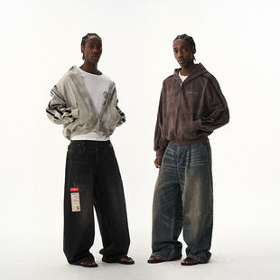 EXITMODE26SS 复古脏脏布刺绣连帽休闲宽松开衫男女同款卫衣外套