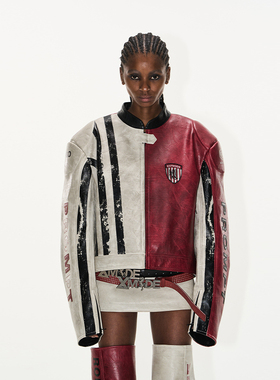 【明星同款】EXITMODE BY BLINDNOPLAN做旧擦脏皮质撞色运动夹克