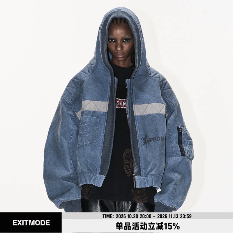 EXITMODE BY BLINDNOPLAN 25AW水洗做旧廓形工装MA1连帽夹克外套